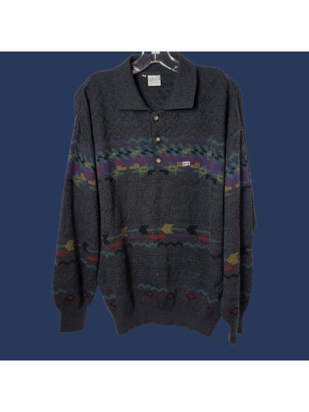 Lasa Vtg  Mens Button-Up Knit Sweater Geometric Design Gray Multicolor Size 48